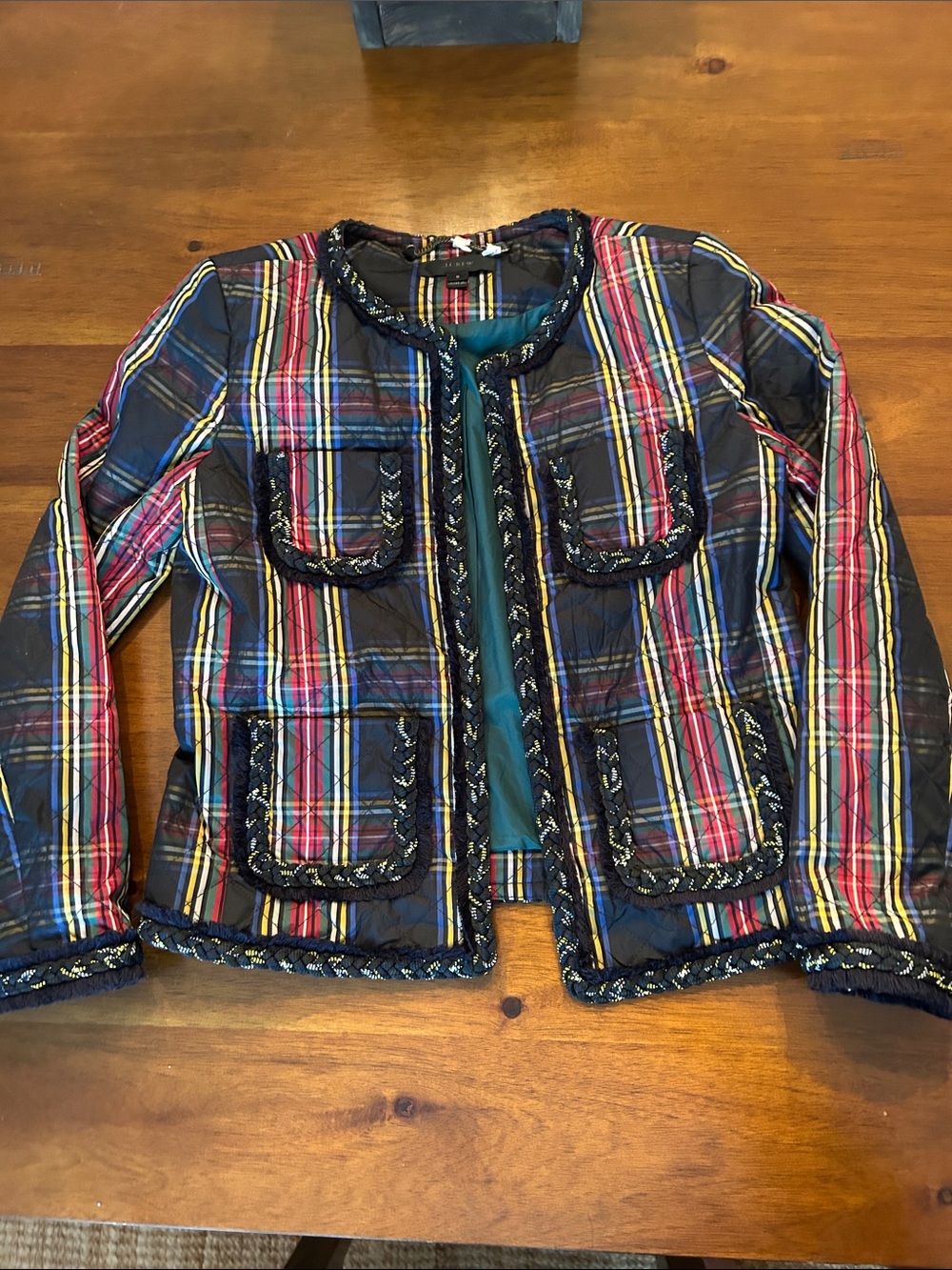 J. Crew Multicolor Plaid Quilted Blazer with Braided Trim